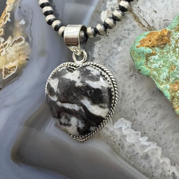 Sterling Silver Southwestern Style White Buffalo Heart Shape Pendant For Women - Picture 5 of 10